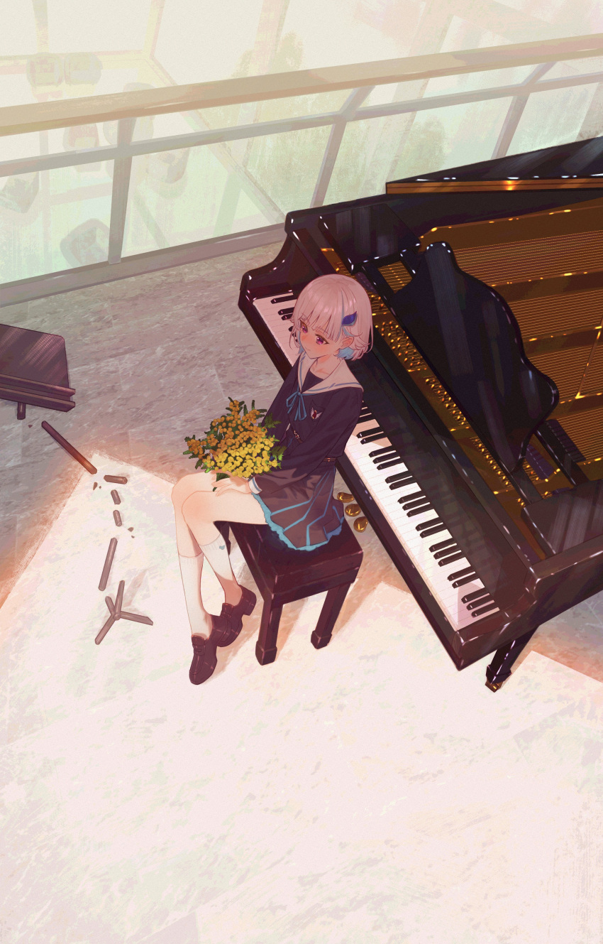 1girl absurdres blue_hair blue_ribbon blunt_bangs flower hair_ornament highres holding holding_flower instrument lize_helesta lize_helesta_(4th_costume) long_sleeves multicolored_hair nijisanji nishinodashi piano piano_keys purple_eyes ribbon sailor_collar school_uniform serafuku sitting skirt solo two-tone_hair virtual_youtuber white_hair white_sailor_collar