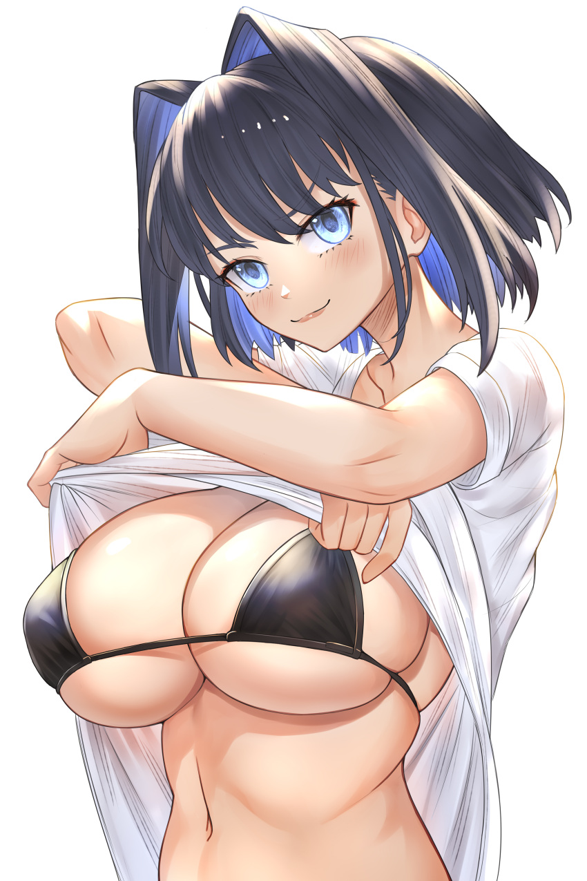 1girl absurdres black_bra blue_eyes blue_hair blush bra breasts clothes_lift highres hololive hololive_english honkivampy large_breasts lifted_by_self looking_at_viewer medium_hair multicolored_hair ouro_kronii shirt shirt_lift smile solo two-tone_hair underwear virtual_youtuber white_shirt