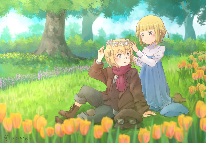 2girls aged_down ange_(princess_principal) aviator_cap aviator_eyewear blonde_hair blue_dress blue_eyes blue_headwear blue_sky boots brown_coat brown_footwear coat cross-laced_footwear dress flower garden grass green_pants grey_shirt hair_between_eyes head_wreath highres long_sleeves multiple_girls open_mouth pants princess_(princess_principal) princess_principal red_scarf scarf shirt short_hair sky smile tree tulip two-tone_dress white_dress xin_(blueramen) yuri