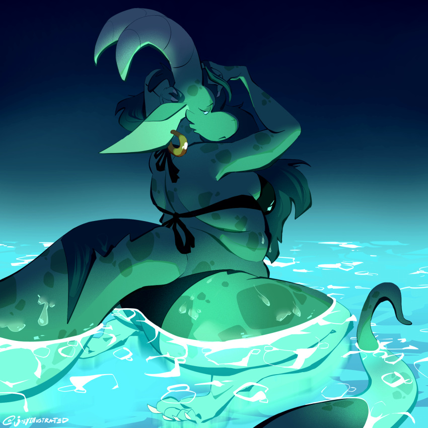 anthro bathing big_ears bikini black_clothing butt clothing dragon ear_piercing ear_ring feet female green_body green_scales hair hi_res horn joeyillustrated long_hair long_horn long_tail partially_submerged piercing ring_piercing scales slightly_chubby snout solo swimwear tail thick_thighs toes two_piece_swimsuit