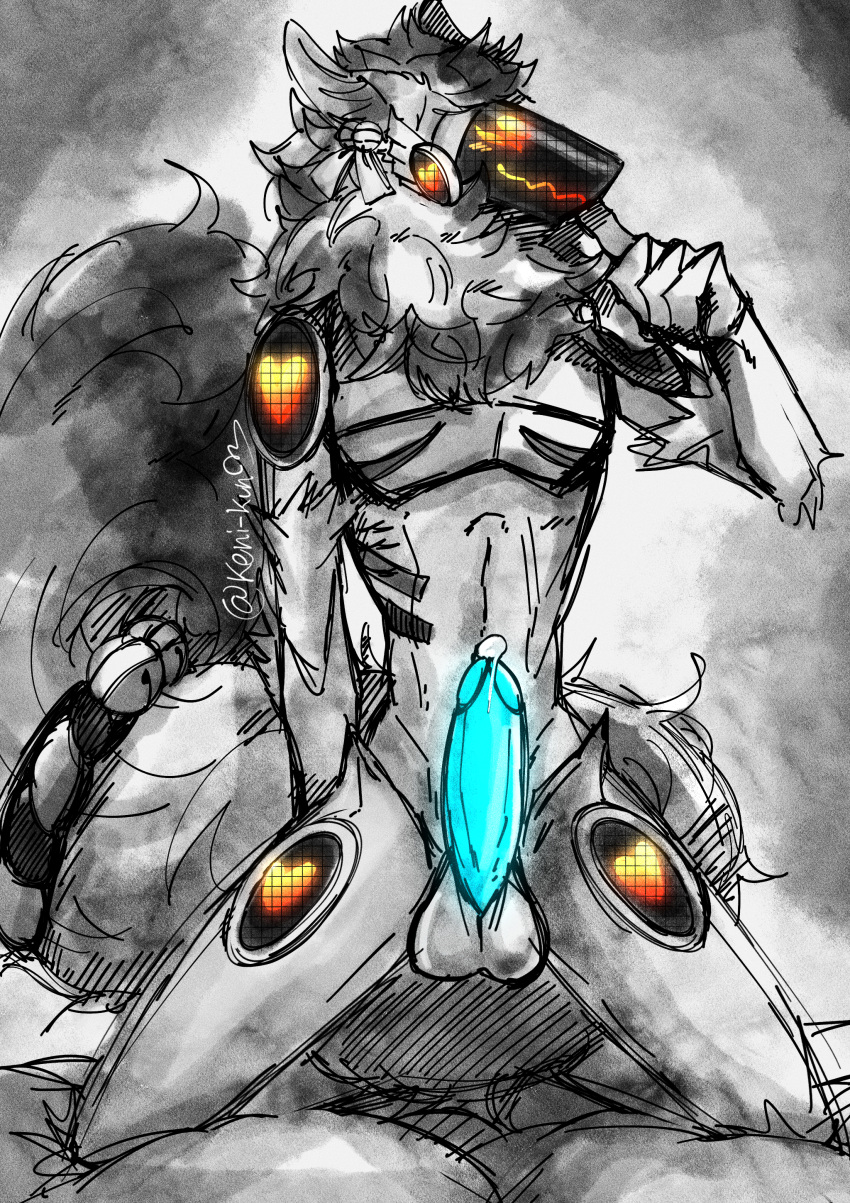 absurd_res anthro balls big_penis bodily_fluids canid canine cum cum_drip dripping fluffy fluffy_tail fox genital_fluids genital_focus genitals hi_res keni_kun_sama kensu-kun(oc) machine male mammal penis protogen smile solo tail