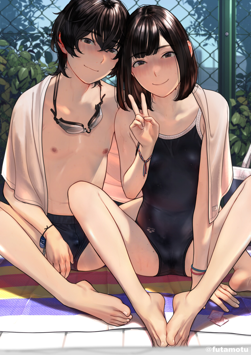 1boy 1girl absurdres blue_one-piece_swimsuit brown_eyes brown_hair bulge cameltoe closed_mouth couple covered_nipples erection erection_under_clothes fence futamotu goggles goggles_around_neck highres jacket looking_at_viewer male_swimwear medium_hair nipples one-piece_swimsuit original outdoors pool poolside satonaka_megumi_(futamotu) short_hair sitting smile swim_trunks swimsuit towel v