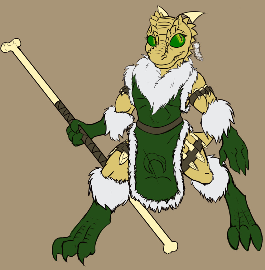 2014 3_toes 4_fingers anthro bone_club clothing dnd_homebrew feathers feet female fingers fur green_eyes green_sclera horn knife_on_leg kobold mca_jabberwocky parka pupils rezzic scales scalie solo standing tabard toes