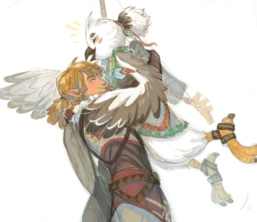 2boys beak bird_boy blonde_hair closed_eyes emilye_draws feathered_wings happy highres hug lifting_person link multiple_boys official_alternate_costume pointy_ears ponytail rito short_ponytail snowquill_set_(zelda) talons the_legend_of_zelda the_legend_of_zelda:_tears_of_the_kingdom tulin_(zelda) wings