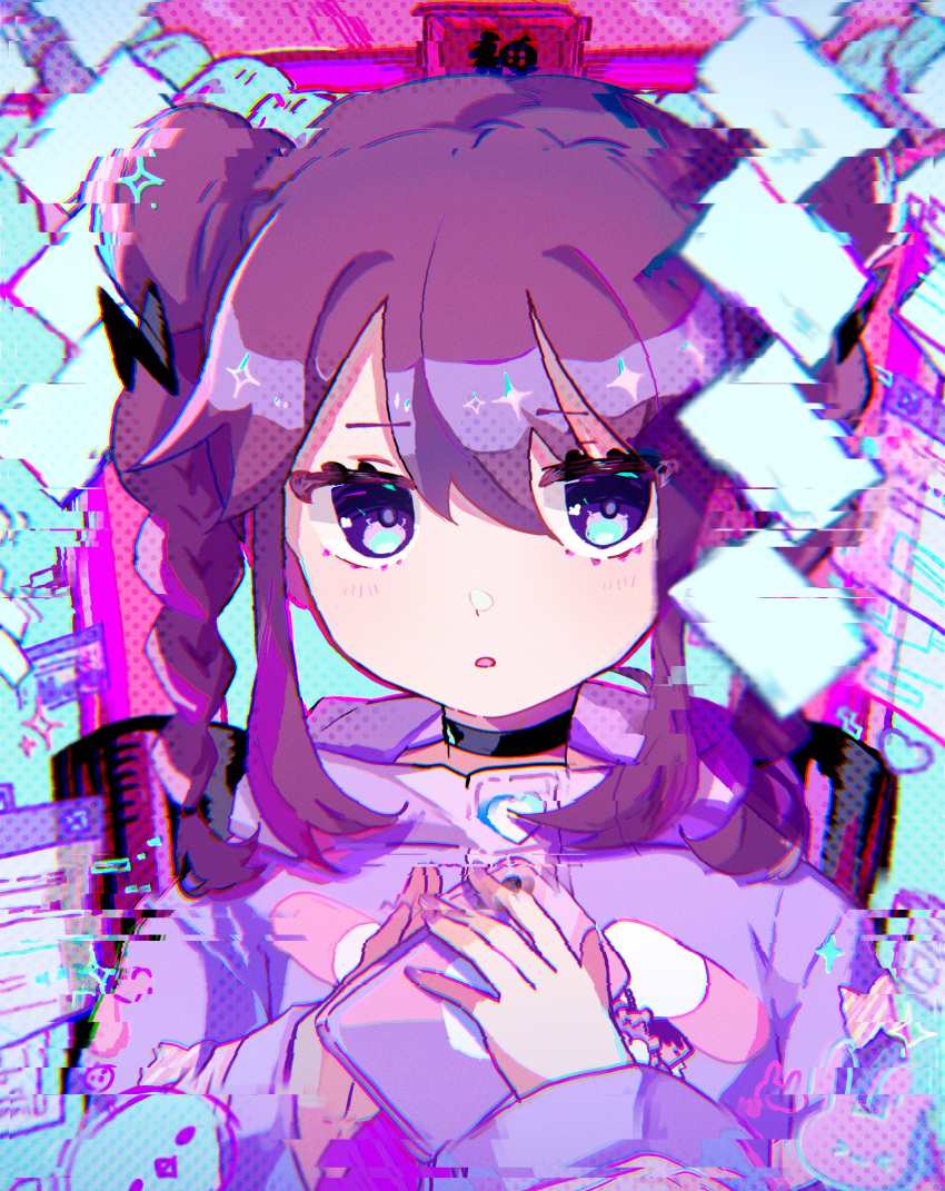 1girl absurdres azu_(azukagamine) black_bow black_choker blue_eyes bow braid cellphone choker denonbu double_bun glitch gohei hair_between_eyes hair_bow hair_bun heart highres holding holding_phone inubousaki_shian long_hair long_sleeves looking_at_viewer open_mouth phone pill_print purple_hair sidelocks smartphone solo sparkle torii twin_braids upper_body