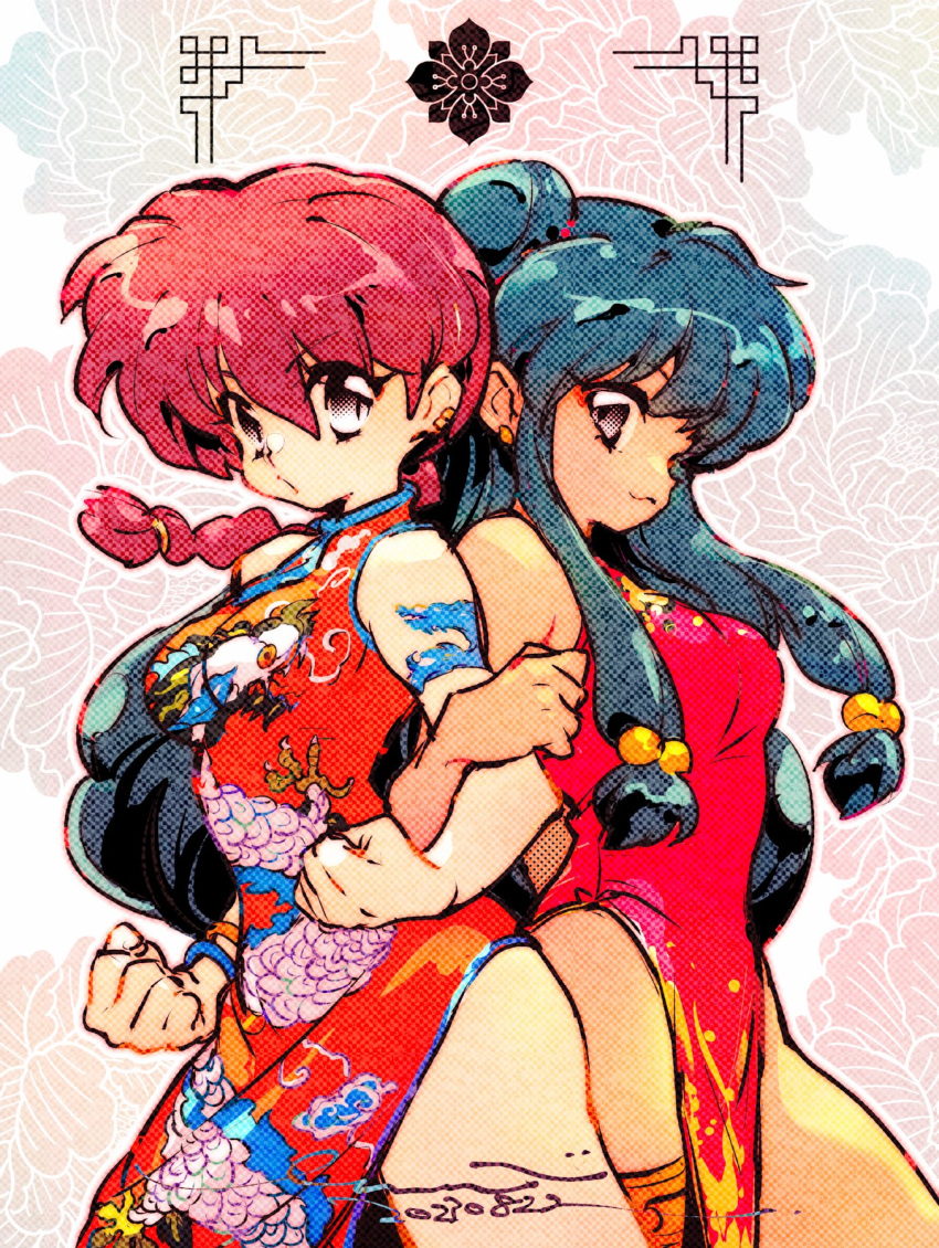 2girls :3 back-to-back bell blue_hair blue_trim bracelet braid china_dress chinese_clothes clenched_hands cowboy_shot dated double_bun dragon_print dress earrings floral_background genderswap genderswap_(mtf) gold_trim hair_bell hair_bun hair_ornament highres jewelry locked_arms long_hair looking_at_viewer multiple_girls print_dress purple_hair ranma-chan ranma_1/2 red_dress red_hair shampoo_(ranma_1/2) side_slit sidelocks signature single_braid thigh_strap u_emmm