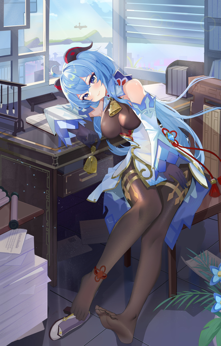 1girl absurdres ahoge bare_shoulders bell black_pantyhose blue_flower blue_hair blush breasts chair chinese_knot detached_sleeves feet flower flower_knot ganyu_(genshin_impact) genshin_impact glaze_lily gold_trim head_rest highres horns indoors light_smile long_hair looking_at_viewer medium_breasts neck_bell npp_(artist) office pantyhose paper_stack purple_eyes shoes sidelocks sitting soles solo table tassel thighlet toes unworn_shoes vision_(genshin_impact) waist_cape white_sleeves