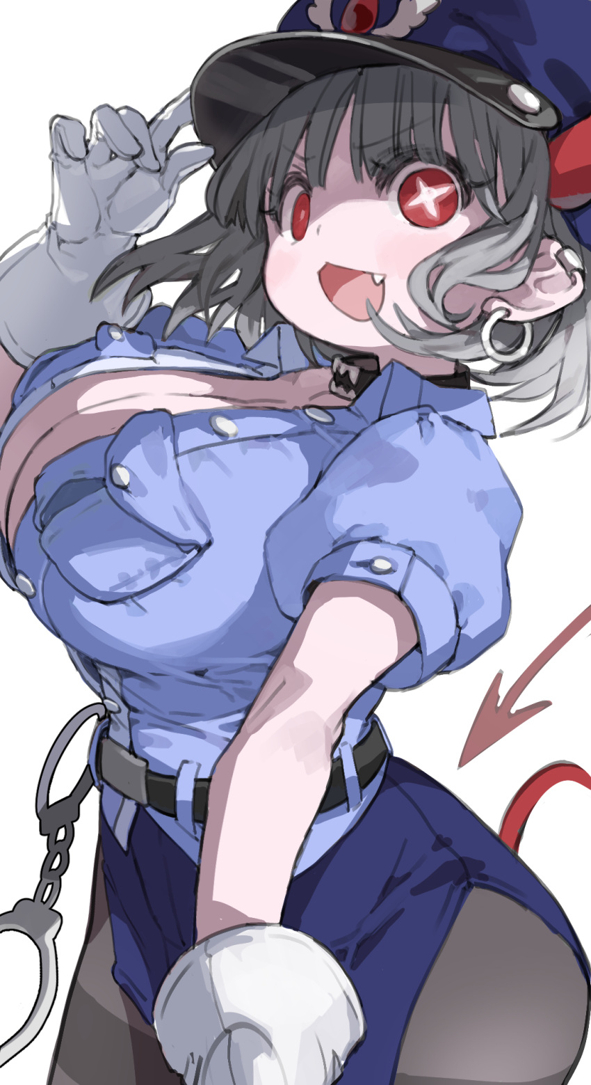 1girl belt black_choker blue_headwear blue_shirt blue_skirt breast_pocket breasts choker cleavage cowboy_shot cuffs demon_girl demon_horns demon_tail ear_piercing earrings fang gloves grey_hair handcuffs hat highres hoop_earrings horns jewelry kkaebing large_breasts looking_at_viewer open_clothes open_mouth open_shirt original pantyhose pencil_skirt piercing pocket police police_hat police_uniform puffy_sleeves red_eyes shirt short_hair short_sleeves simple_background skirt solo symbol-shaped_pupils tail thighband_pantyhose unbuttoned uniform white_background white_gloves x-shaped_pupils
