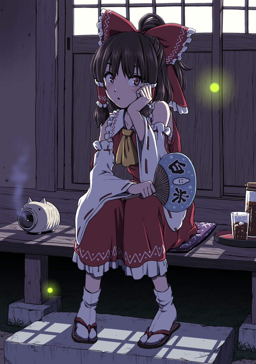 1girl animal bare_shoulders bow brown_eyes brown_hair bug cup detached_sleeves drink drinking_glass firefly frilled_skirt frills full_body hair_bow hair_tubes hakurei_reimu hand_fan highres holding holding_fan inuno_rakugaki japanese_clothes medium_hair mosquito_coil nontraditional_miko outdoors paper_fan parted_lips red_bow red_skirt ribbon-trimmed_sleeves ribbon_trim shouji sidelocks sitting skirt sliding_doors socks solo touhou uchiwa veranda white_sleeves white_socks wide_sleeves