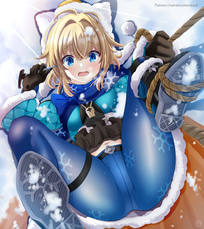 1girl ahoge black_footwear black_gloves blonde_hair blue_eyes blue_pantyhose blue_scarf blush boots climbing falling gloves helvetica_std highres holding honkai:_star_rail honkai_(series) legs lynx_landau navel open_mouth panties pants pantyhose pantylines pantyshot print_pants print_scarf rope scarf short_hair simple_background snow snowflake_print solo thigh_strap underwear