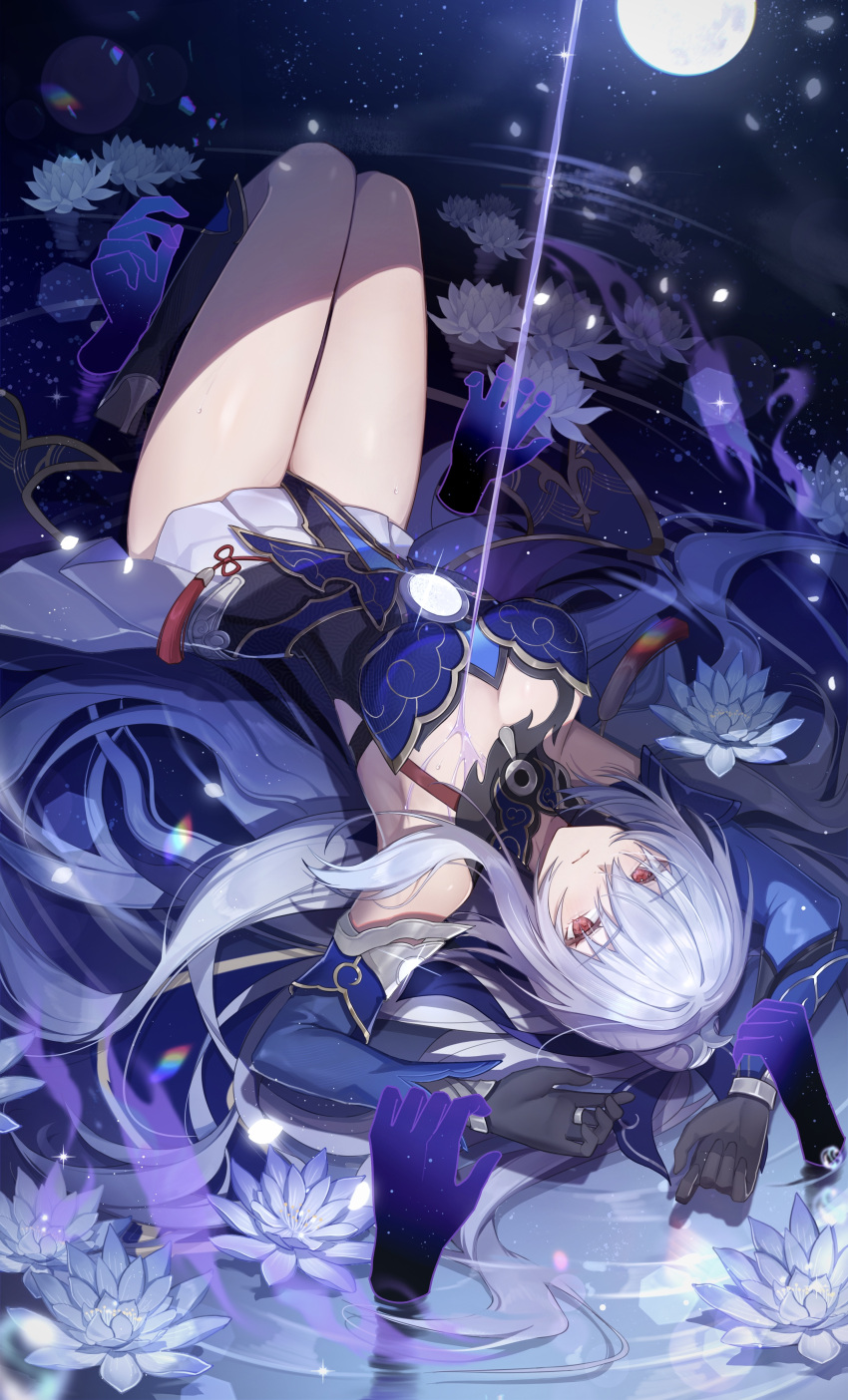 1girl absurdres armpits arms_up black_footwear black_gloves blue_dress blue_sleeves boots breasts cleavage closed_mouth commentary_request detached_sleeves dress expressionless flower full_body gloves grey_hair high_heel_boots high_heels highres honkai:_star_rail honkai_(series) jewelry jingliu_(honkai:_star_rail) knees_up liquid long_hair looking_at_viewer lotus lying on_back pouring red_eyes ring ripples solo upside-down very_long_hair water white_flower yolanda