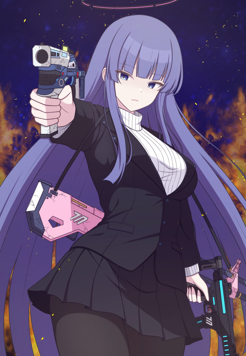 1girl absurdres aged_up aiming aiming_at_viewer alternate_hair_length alternate_hairstyle alternate_universe blue_archive blue_eyes broken_halo cosplay dark_persona dual_wielding gun halo handgun highres holding long_hair m60 machine_gun magaasha purple_hair rio_(blue_archive) rio_(blue_archive)_(cosplay) sig_mpx sig_sauer_p320 solo submachine_gun trigger_discipline weapon yuuka_(blue_archive)