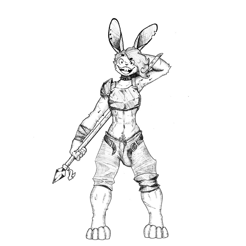 1:1 adventurer anthro armor bodily_fluids hi_res knight lagomorph leporid male mammal monday_(me0wme0wman) monochrome rabbit scar solo sweat warrior