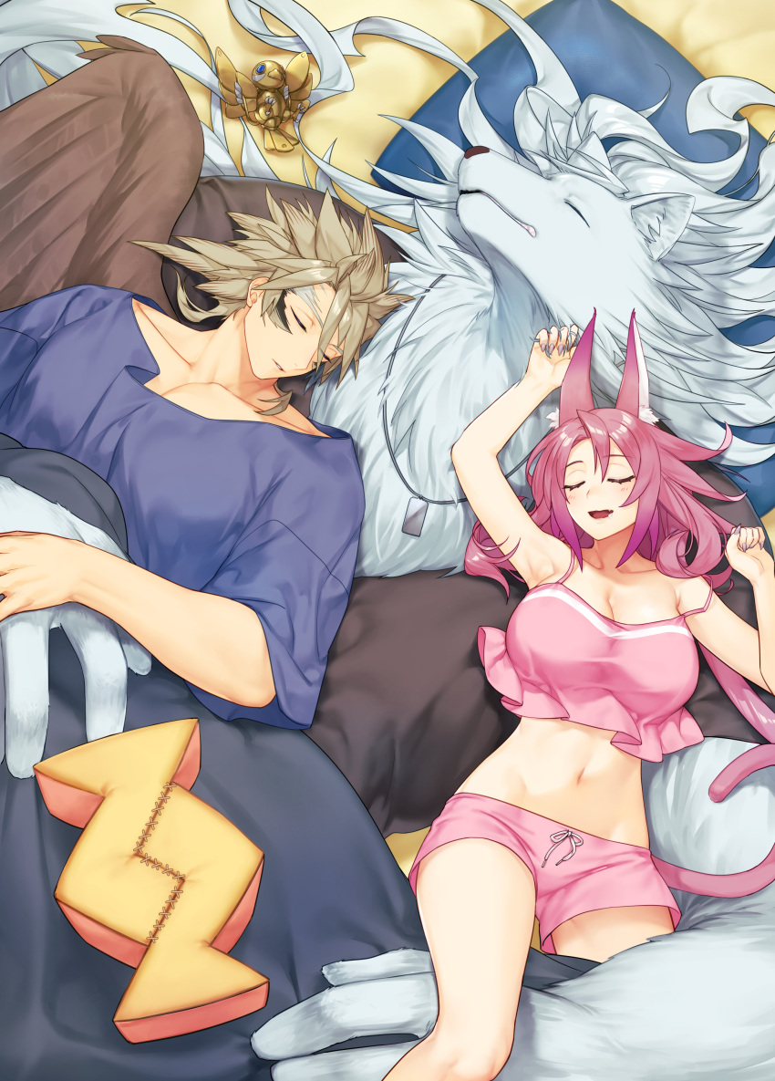 1girl 2boys absurdres alternate_costume animal_ears bird breasts commentary_request crop_top dog_tags duel_monster fang fingernails furry furry_male grey_hair hand_on_another's_hand highres large_breasts light_brown_hair long_fingernails long_hair lying lying_on_person midriff multiple_boys navel non-humanoid_robot on_back pillow pink_hair pink_shorts pink_tail robot robot_animal saliva shared_blanket shorts sleeping tail tri-brigade_ferrijit_the_barren_blossom tri-brigade_mercourier tri-brigade_rugal_the_silver_sheller tri-brigade_shuraig_the_ominous_omen vulture_(washizu0808) wings yu-gi-oh!