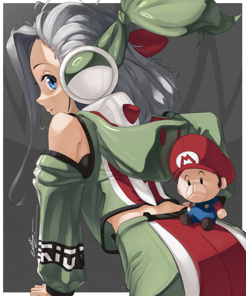 1girl absurdres ahoge baby_mario blue_eyes bow detached_sleeves eriott eyelashes fingerless_gloves from_behind gloves grey_hair hair_bow hair_pulled_back headset highres hood hood_down jacket long_sleeves looking_at_viewer looking_back mario_(series) parted_lips personification profile shiny_clothes short_hair shorts smile solo stuffed_toy super_mario_world_2:_yoshi's_island yoshi