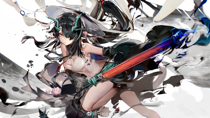 1girl absurdres arknights bare_shoulders black_hair black_headwear black_jacket breasts brown_eyes cleavage cleavage_cutout closed_mouth clothing_cutout colored_skin commentary_request dragon_girl dragon_horns dress dusk_(arknights) earrings expressionless flower foot_out_of_frame gradient_skin green_hair green_horns green_skin hair_over_one_eye hat highres holding holding_sword holding_weapon horns ink jacket jewelry long_hair looking_at_viewer multicolored_hair nuez off_shoulder pink_flower pointy_ears rice_hat sleeveless sleeveless_dress solo streaked_hair sword tassel tassel_earrings weapon white_dress