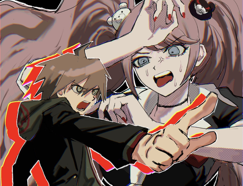 1boy 1girl a12740807 ahoge anger_vein bear_hair_ornament black_choker black_jacket brown_hair choker danganronpa:_trigger_happy_havoc danganronpa_(series) enoshima_junko green_hoodie grey_eyes hair_ornament highres hood hood_down hoodie jacket long_sleeves naegi_makoto nail_polish pointing pointing_forward red_nails short_sleeves sweat teeth tongue tongue_out twintails upper_body upper_teeth_only