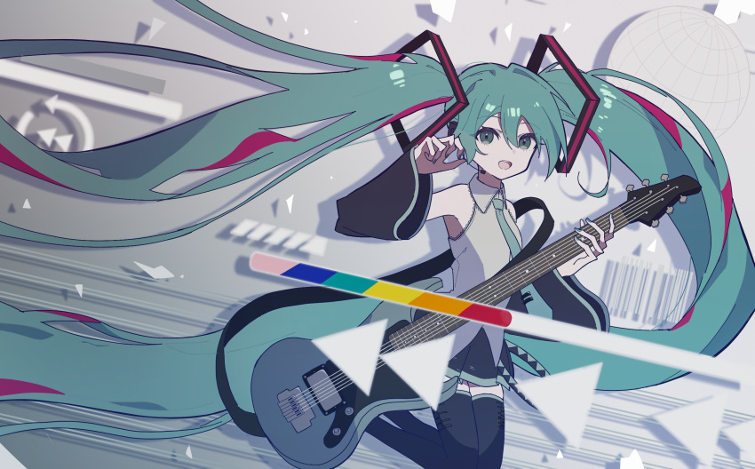 1girl absurdly_long_hair armpit_peek barcode black_skirt blue_nails collared_shirt detached_sleeves drop_shadow electric_guitar eyelashes green_hair green_necktie grey_background grey_shirt guitar hair_between_eyes hatsune_miku hatsune_miku_expo highres holding_guitar instrument long_hair madofuki nail_polish necktie open_mouth rewind_button shirt skirt solo teeth thighhighs triangle twintails upper_teeth_only very_long_hair vocaloid zettai_ryouiki