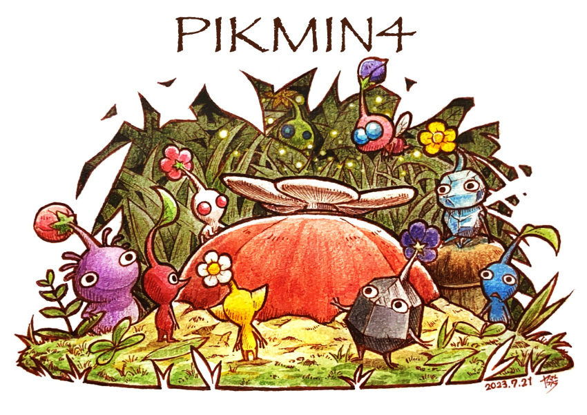 :&lt; black_eyes blue_eyes blue_pikmin bud commentary_request copyright_name dated facing_away flower glow_pikmin grass highres ice_pikmin koaraymt leaf mushroom no_humans open_mouth pikmin_(creature) pikmin_(series) pikmin_4 pink_flower plant purple_pikmin red_eyes red_pikmin rock_pikmin signature simple_background standing triangle_mouth white_background white_flower white_pikmin winged_pikmin wings yellow_flower yellow_pikmin