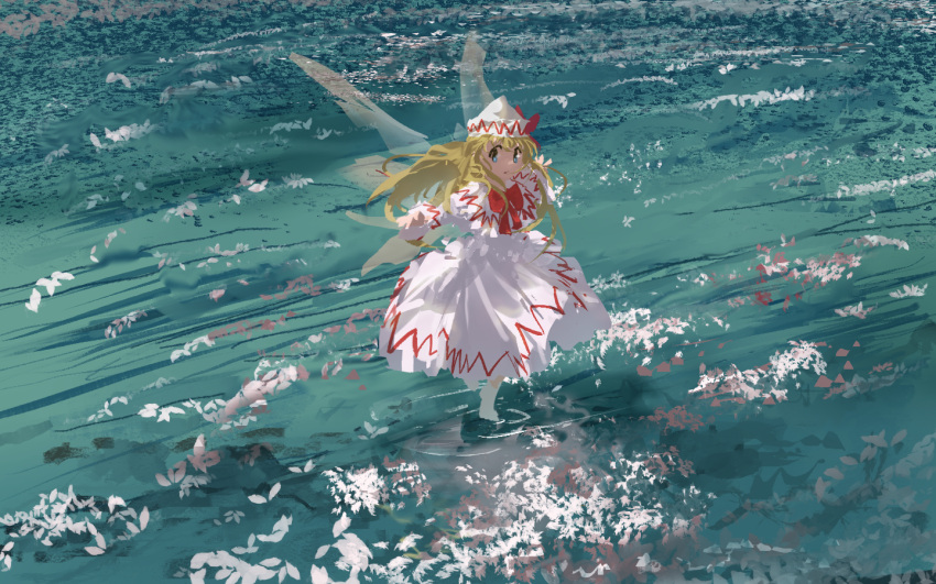 1girl blonde_hair blue_eyes bow bowtie capelet closed_eyes dress fairy fairy_wings full_body hat hat_bow lily_white long_hair long_sleeves looking_at_viewer outdoors outstretched_arms petals petals_on_liquid red_bow red_bowtie reflection reflective_water ripples socks solo spread_arms standing standing_on_liquid standing_on_one_leg touhou ushitsuchi water white_capelet white_dress white_headwear white_socks wings