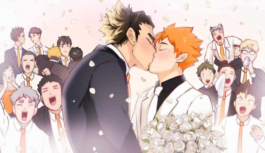 bokuto_koutarou flower formal haikyuu!! highres idoraad kiss nishinoya_yuu oikawa_tooru_(haikyuu!!) rose sawamura_daichi sugawara_koushi suit wedding white_flower white_rose yaoi