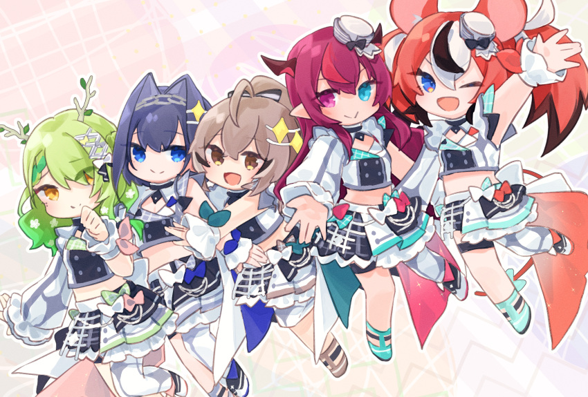 5girls :d ahoge antlers asymmetrical_clothes asymmetrical_legwear asymmetrical_sleeves black_hair black_skirt blue_bow blue_eyes blue_hair bow braid branch brown_bow brown_eyes brown_hair buttons ceres_fauna chain chain_headband chibi cleavage_cutout clothing_cutout crop_top double-breasted flower frills green_bow green_hair hair_between_eyes hair_flower hair_intakes hair_ornament hakos_baelz headband heterochromia highres holocouncil hololive hololive_english hololive_idol_uniform_(bright) horns idol idol_clothes irys_(hololive) kotake_8 long_hair long_sleeves medium_hair midriff multicolored_hair multiple_girls nanashi_mumei one_eye_closed open_mouth ouro_kronii pink_eyes plaid plaid_skirt pleated_skirt pointy_ears ponytail red_bow red_hair ribbon shirt short_hair single_braid single_thighhigh skirt sleeveless smile stomach streaked_hair thigh_strap thighhighs virtual_youtuber waving white_bow white_hair white_skirt yellow_eyes