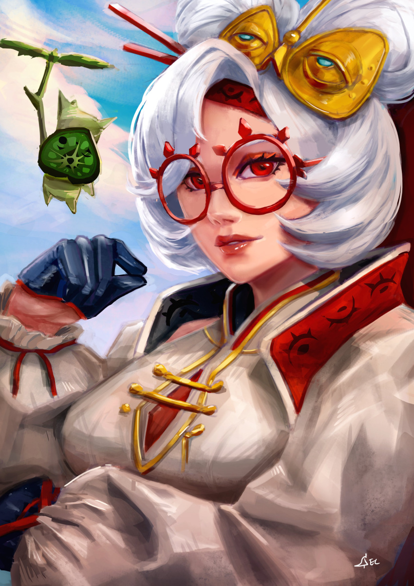 1girl absurdres belalexander black_gloves coat english_commentary eyewear_on_head gloves grey_coat grey_shirt hair_ornament hair_stick half_gloves hand_up highres korok lab_coat lips looking_at_viewer purah red-framed_eyewear red_eyes round_eyewear sheikah shirt short_hair signature simple_background sky sleeveless sleeveless_shirt the_legend_of_zelda the_legend_of_zelda:_tears_of_the_kingdom updo white_hair