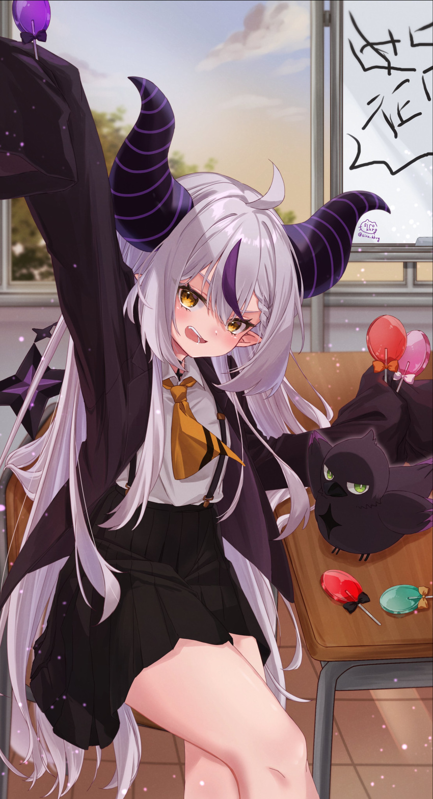 1girl absurdres ahoge alternate_costume ascot black_horns black_jacket black_skirt braid braided_bangs candy crow_(la+_darknesss) food grey_hair highres holding holding_candy holding_food holding_lollipop hololive horns jacket la+_darknesss lollipop long_hair looking_at_viewer multicolored_hair open_mouth pointy_ears purple_hair shiro_kikurage shirt skirt sleeves_past_fingers sleeves_past_wrists smile streaked_hair striped_horns suspender_skirt suspenders virtual_youtuber white_shirt