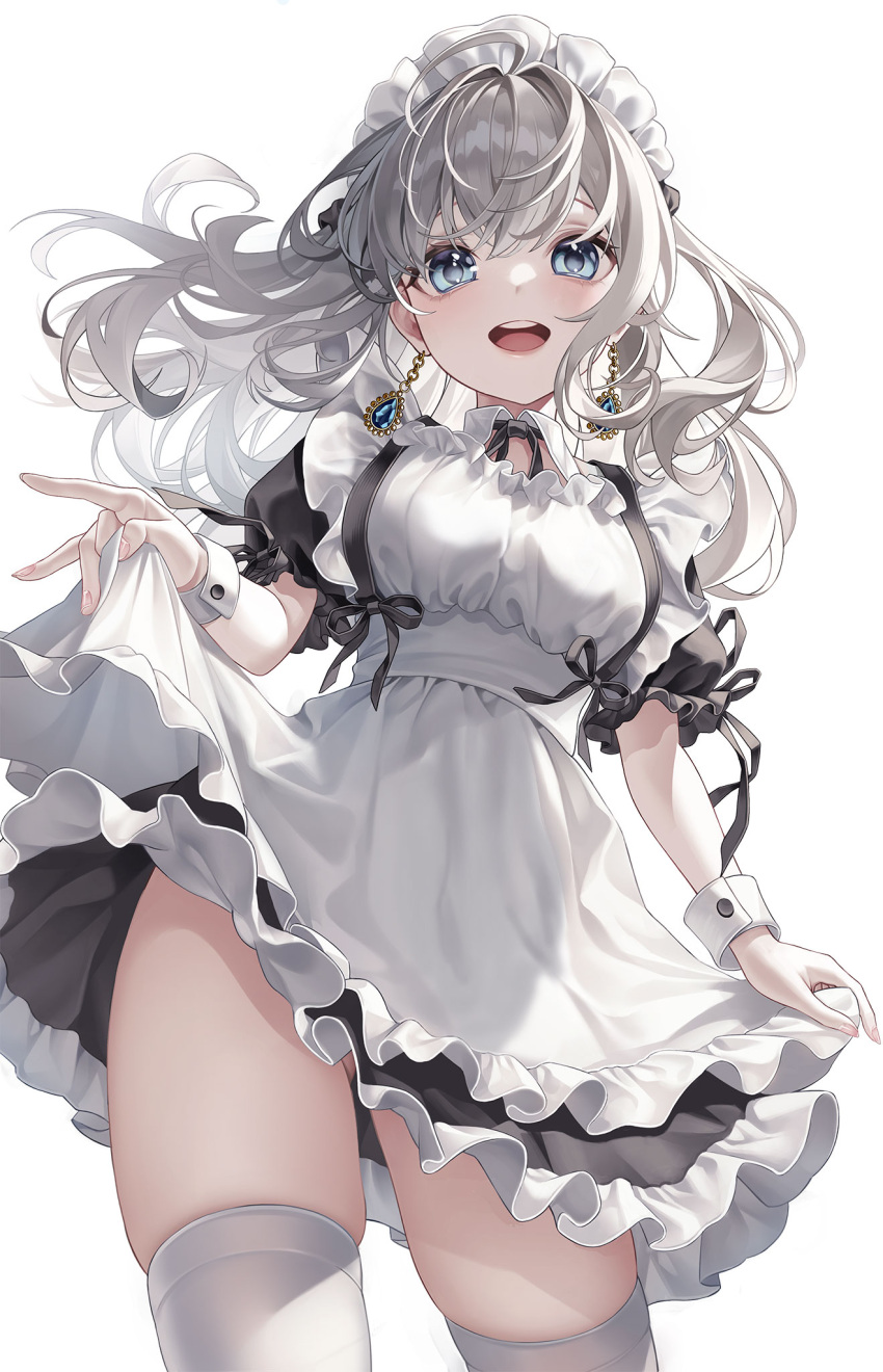 1girl apron black_dress blue_eyes blush clothes_lift dress dress_lift earrings frilled_apron frilled_dress frills highres jewelry lifted_by_self long_hai maid maid_apron maid_headdress myless open_mouth original puffy_short_sleeves puffy_sleeves ribbon short_sleeves skindentation smile solo standing thighhighs thighs white_apron white_hair white_thighhighs wrist_cuffs