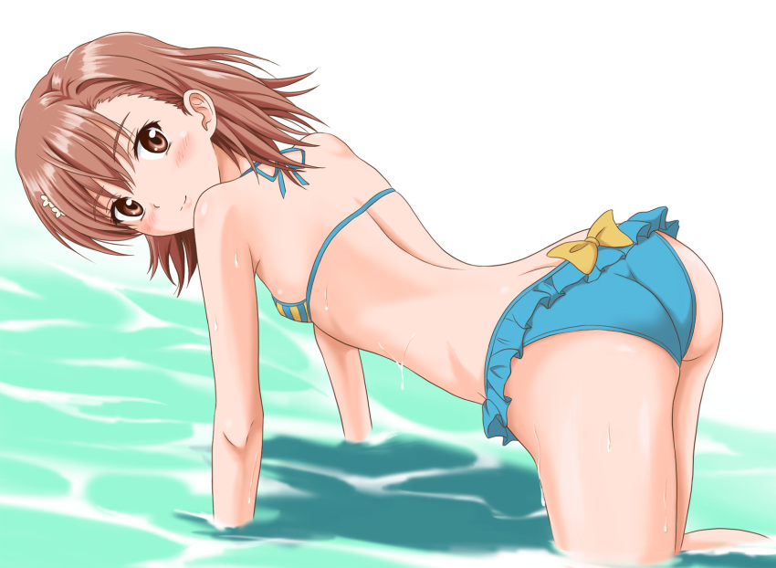 1girl all_fours ass bikini blue_bikini breasts brown_eyes brown_hair frilled_bikini frills highres looking_at_viewer looking_back misaka_mikoto mismatched_bikini mutsuki_kurumi short_hair simple_background small_breasts solo swimsuit toaru_kagaku_no_railgun toaru_majutsu_no_index water white_background