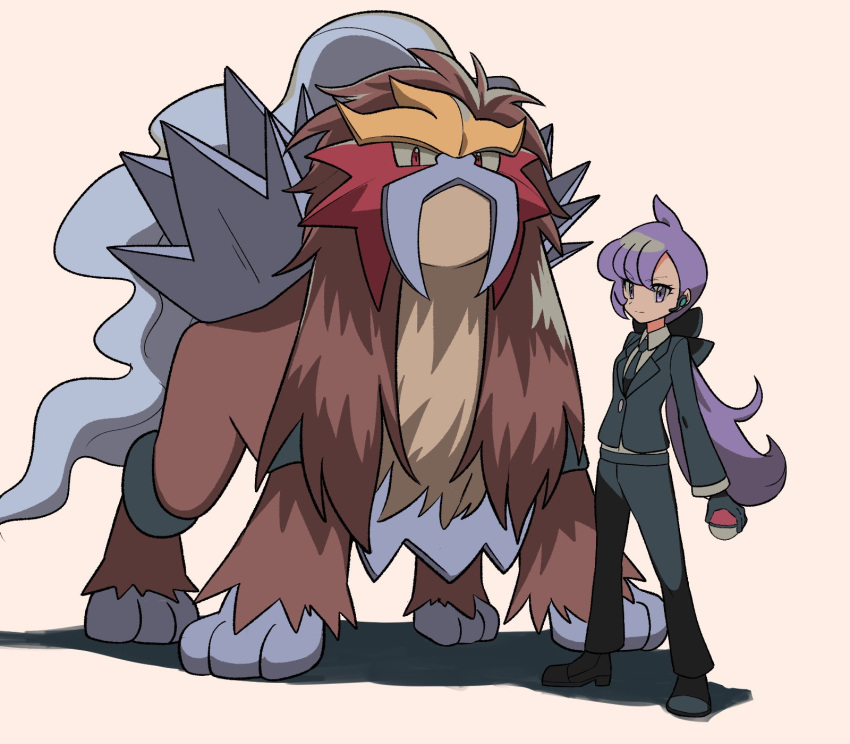 1girl anabel_(pokemon) black_jacket black_ribbon collared_shirt commentary_request cowlick earpiece entei eyelashes hair_ribbon highres holding holding_poke_ball jacket long_hair long_sleeves necktie pants poke_ball poke_ball_(basic) pokemon pokemon_(creature) pokemon_sm purple_eyes purple_hair ribbon shirt shoes standing tyako_089