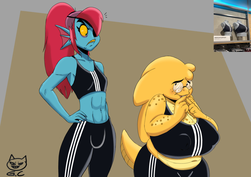 absurd_res alphys angry animal_humanoid anthro clothing dinosaur duo exercise female female/female fish fish_humanoid genitals gomezcat herm hi_res humanoid intersex marine marine_humanoid meme penis reptile scalie surprise undertale_(series) undyne workout workout_clothing