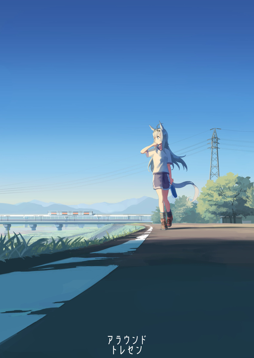 1girl absurdres ahoge animal_ears black_shorts bottle day grey_hair highres holding holding_bottle horse_ears horse_girl horse_tail long_hair looking_to_the_side oguri_cap_(umamusume) orange_footwear outdoors power_lines shadow shirt shoes short_sleeves shorts sneakers solo tail train translation_request transmission_tower tree umamusume utachy walking white_shirt wiping_face