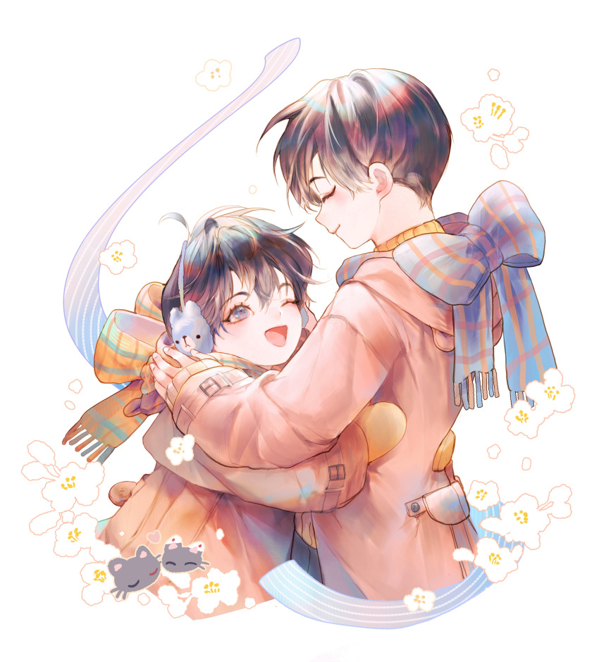 13_s2 2boys absurdres aged_down animal_earmuffs black_hair blue_bow bow brothers child closed_eyes closed_mouth earmuffs han_yoohyun han_yoojin highres hug jacket looking_at_another male_child male_focus mittens multiple_boys naega_kiun_s_geubdeul one_eye_closed open_mouth pink_jacket short_hair siblings simple_background smile upper_body white_background yellow_bow yellow_mittens