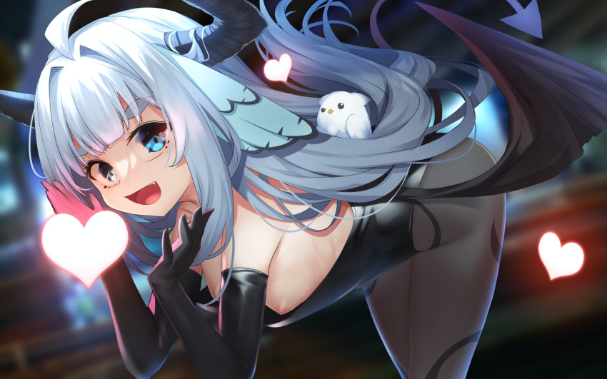 1girl bird black_gloves breasts commission demon_tail downblouse elbow_gloves feathers gloves halloween_costume heart heterochromia highres hikimayu horns indie_virtual_youtuber long_hair looking_at_viewer mikazuki_silvi nipples open_mouth owl owl_ears owl_girl skeb_commission solo tail white_hair wings yuuji_(yukimimi)