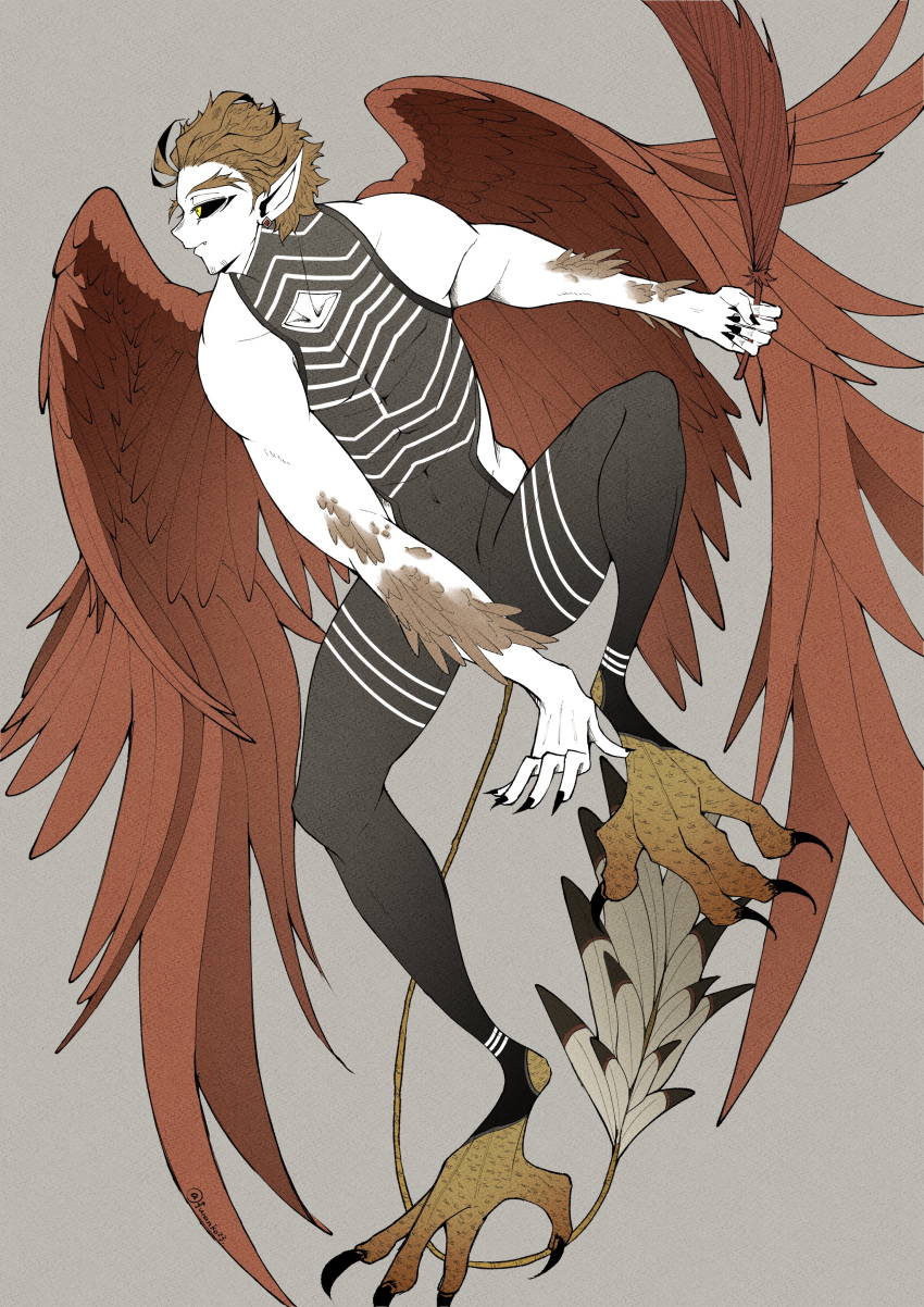 1boy absurdres bird_legs bird_tail black_bodysuit black_sclera body_fur bodysuit boku_no_hero_academia colored_sclera facial_hair feathers full_body furanko23 harpy_boy hawks_(boku_no_hero_academia) highres large_ears large_feet looking_to_the_side male_focus monster_boy monsterification pointy_ears profile red_feathers red_wings short_hair sleeveless sleeveless_bodysuit solo stubble tail talons toned toned_male wings