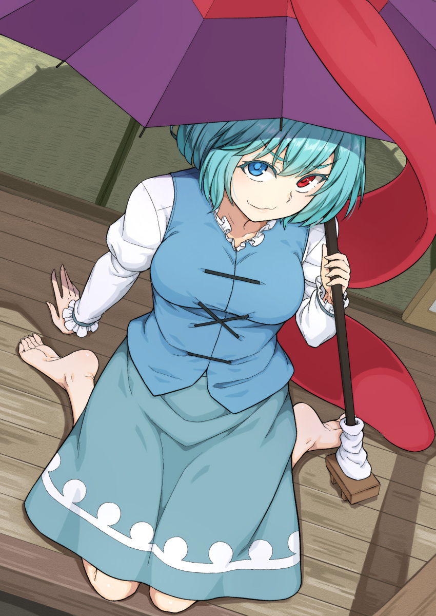 1girl arm_support bad_feet barefoot breasts dutch_angle from_above heterochromia highres holding holding_umbrella juliet_sleeves kakone long_sleeves looking_at_viewer medium_breasts puffy_sleeves solo tatara_kogasa toes touhou umbrella upturned_eyes v-shaped_eyebrows wooden_floor