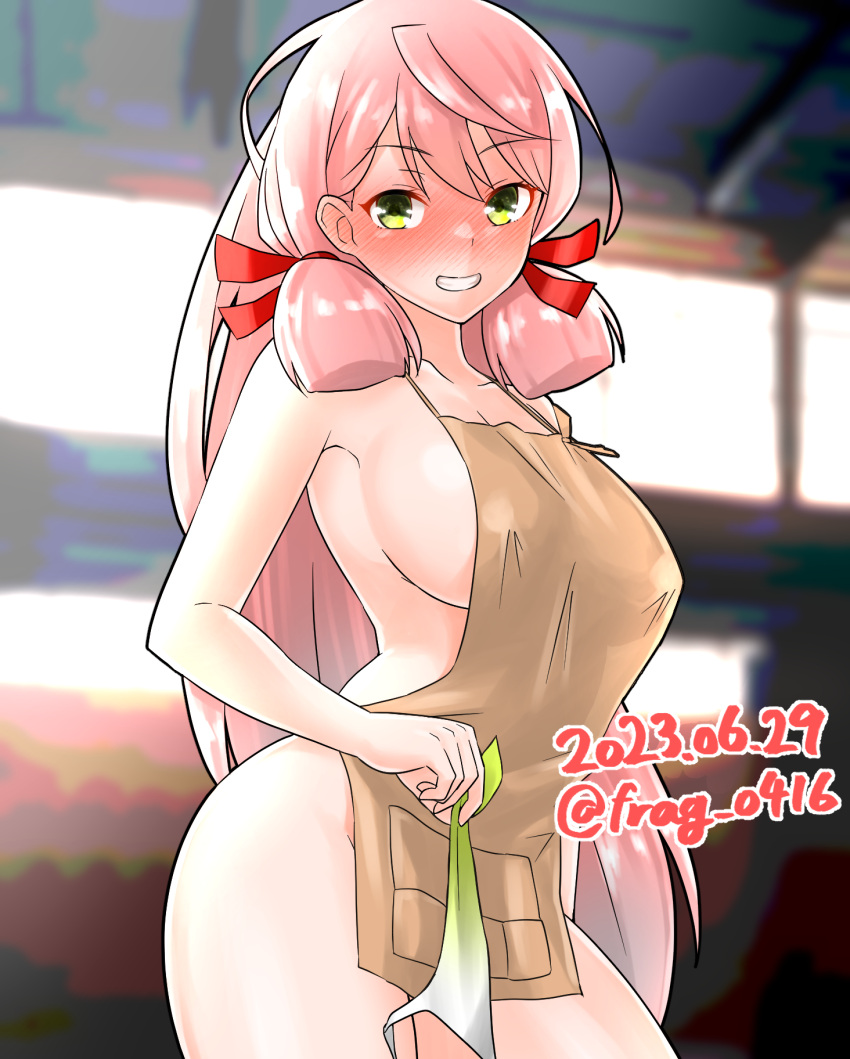 1girl akashi_(kancolle) apron bikini_removed blurry blurry_background blush breasts collarbone cowboy_shot dated furaggu_(frag_0416) green_eyes grin hair_ribbon highres holding holding_clothes holding_swimsuit kantai_collection large_breasts long_hair looking_at_viewer naked_apron nose_blush one-hour_drawing_challenge pink_hair red_ribbon ribbon see-through_silhouette sideboob smile solo swimsuit thighs tress_ribbon twitter_username very_long_hair