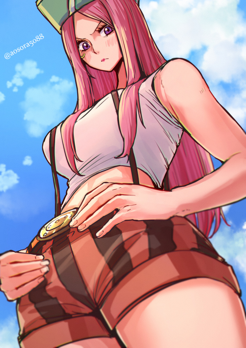 1girl aosora2823 blue_sky blush breasts brown_shorts cheek_piercing closed_mouth cloud cloudy_sky commentary cowboy_shot day eyelashes from_below green_headwear hands_on_own_hips hat highres jewelry_bonney large_breasts lipstick long_hair looking_at_viewer makeup midriff one_piece outdoors parted_bangs pink_hair purple_eyes red_lips red_shorts shirt short_shorts shorts sidelocks sky sleeveless sleeveless_shirt solo standing straight_hair striped striped_shorts suspender_shorts suspenders twitter_username two-tone_shorts v-shaped_eyebrows white_shirt