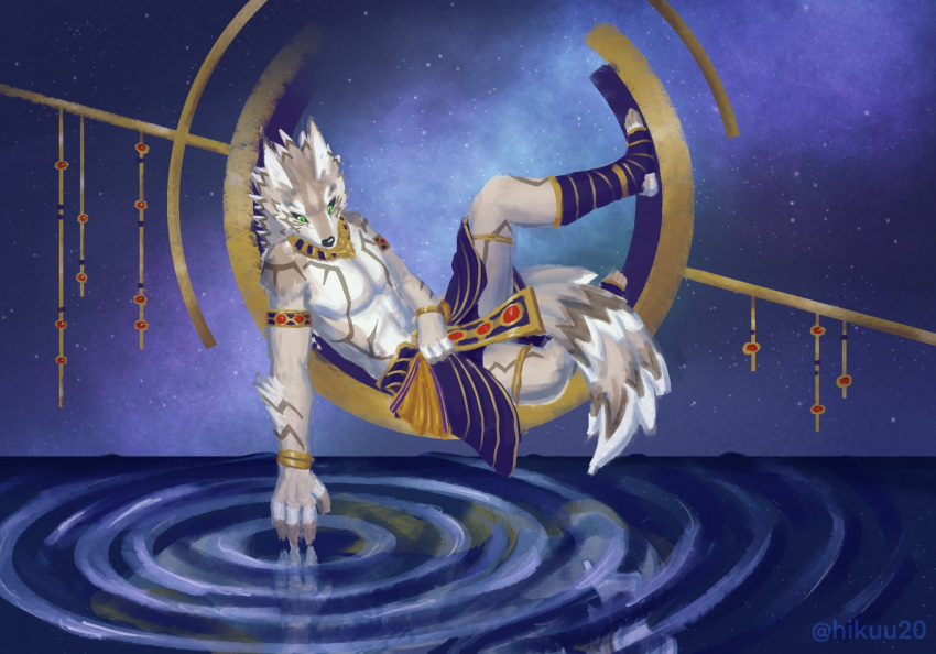 anthro bottomwear canid canine canis claws clothing foot_wraps gold_(metal) gold_jewelry golden_necklace hi_res hikuu20 jackal jewelry legs_up lifewonders loincloth male mammal markings pecs seth_(tas) sitting soft_abs solo space third_eye_(marking) toe_claws tokyo_afterschool_summoners water wraps