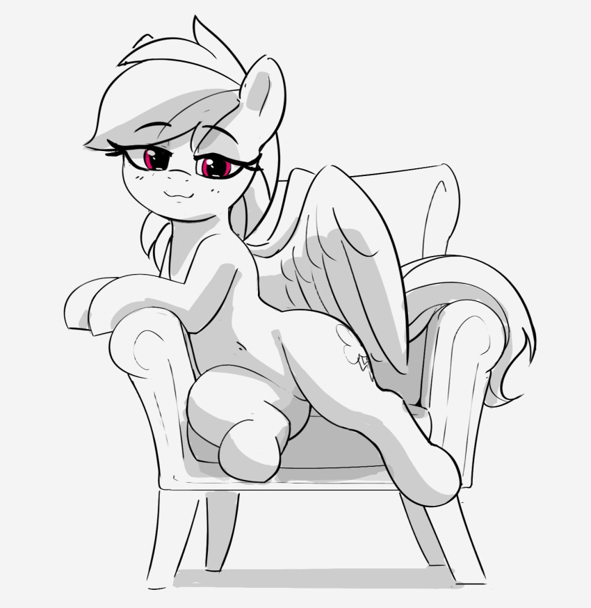 bedroom_eyes chair cutie_mark equid equine eyebrows eyelashes feathered_wings feathers female feral friendship_is_magic furniture greyscale hair hasbro hi_res looking_at_viewer mammal monochrome my_little_pony narrowed_eyes navel pabbley pegasus pink_eyes rainbow_dash_(mlp) seductive simple_background sitting smile solo tail wings