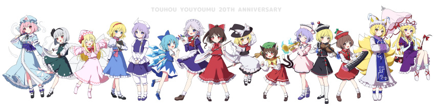 6+girls absurdres alice_margatroid animal_ears apron ascot bare_shoulders black_hairband black_headwear black_ribbon black_skirt black_vest blonde_hair blue_bow blue_dress blue_eyes blue_hair blue_headwear blue_kimono blue_vest blush book bow bow_(music) braid broom brown_eyes brown_hair capelet cat_ears chen cirno closed_eyes closed_mouth collared_shirt commentary_request detached_sleeves dress earrings elbow_gloves fairy fairy_wings folded_fan folding_fan fox_ears fox_tail frilled_apron frilled_dress frilled_kimono frills gloves gohei green_headwear green_skirt green_vest grey_hair grimoire_of_alice hair_bow hair_ribbon hair_tubes hairband hakurei_reimu hand_fan hands_in_opposite_sleeves hat hat_bow hat_ribbon highres holding holding_book holding_fan holding_gohei holding_instrument holding_knife ice ice_wings instrument izayoi_sakuya japanese_clothes jewelry keyboard_(instrument) kimono kirisame_marisa knife konpaku_youmu lapel_pin letty_whiterock light_purple_hair lily_white long_hair long_sleeves lunasa_prismriver lyrica_prismriver maid maid_headdress merlin_prismriver mob_cap multiple_girls multiple_tails nontraditional_miko one_eye_closed open_mouth outstretched_arms perfect_cherry_blossom pink_eyes pink_hair pink_headwear pink_vest purple_dress purple_eyes red_ascot red_bow red_dress red_eyes red_hairband red_headwear red_ribbon red_scarf red_skirt red_vest ribbon ribbon-trimmed_sleeves ribbon_trim saigyouji_yuyuko scarf shirt short_hair sidelocks simple_background single_braid single_earring skirt sleeve_garter sleeves_past_fingers sleeves_past_wrists smile spread_arms suzuno_naru tabard tail touhou triangular_headpiece trumpet twin_braids umbrella vest violin waist_apron white_apron white_background white_bow white_capelet white_dress white_gloves white_headwear white_shirt white_sleeves wide_sleeves wings witch_hat yakumo_ran yakumo_yukari yellow_eyes