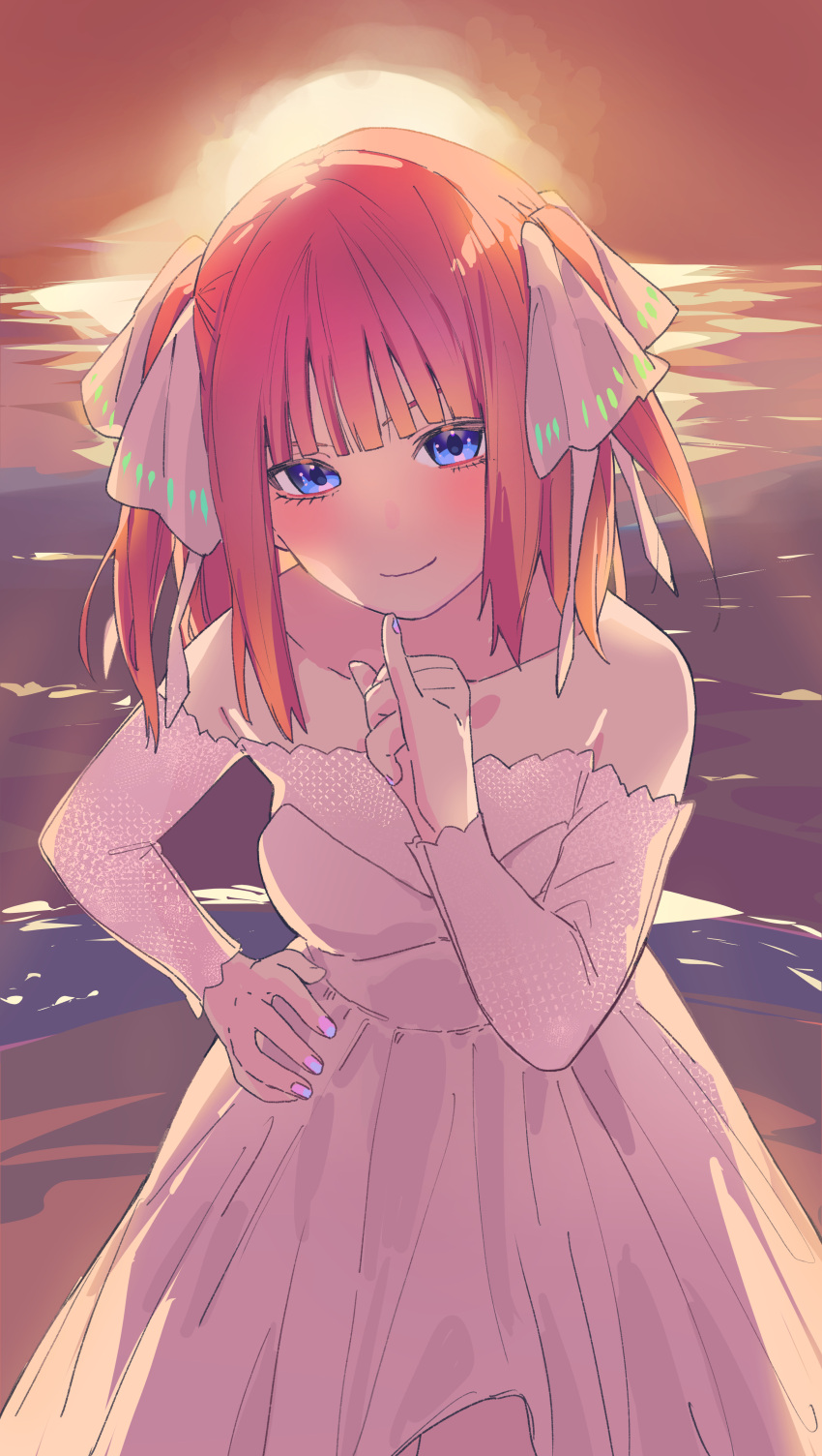 1girl absurdres bare_shoulders blue_eyes blue_nails butterfly_hair_ornament collarbone dress evening go-toubun_no_hanayome gradient_nails hair_ornament hand_on_own_hip highres leaning_forward medium_hair multicolored_nails nail_polish nakano_nino ocean outdoors pinky_out purple_nails red_hair solo standing strapless strapless_dress sun two-tone_nails two_side_up v-shaped_eyebrows valentine_(02140314c) wedding_dress