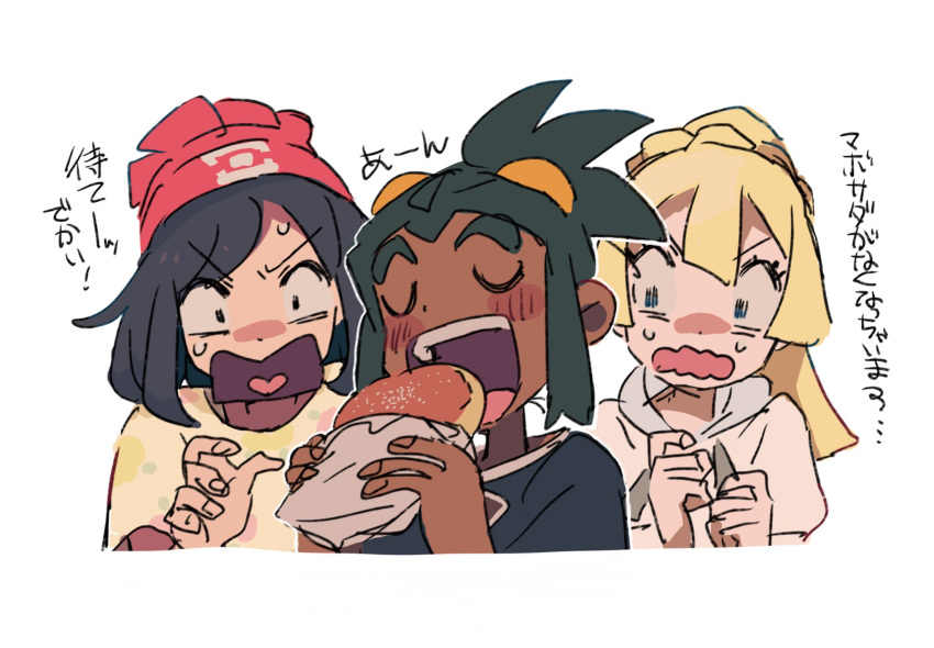 1boy 2girls black_hair black_shirt blonde_hair blunt_bangs blush closed_eyes dark_skin eating food green_hair hand_up hau_(pokemon) highres holding holding_food lillie_(pokemon) long_hair malasada multiple_girls open_mouth pokemon pokemon_(game) pokemon_sm ponytail red_headwear scared selene_(pokemon) shirt short_hair short_ponytail sweat teeth upper_teeth_only white_background white_shirt yellow_shirt yusho_(ossm03)