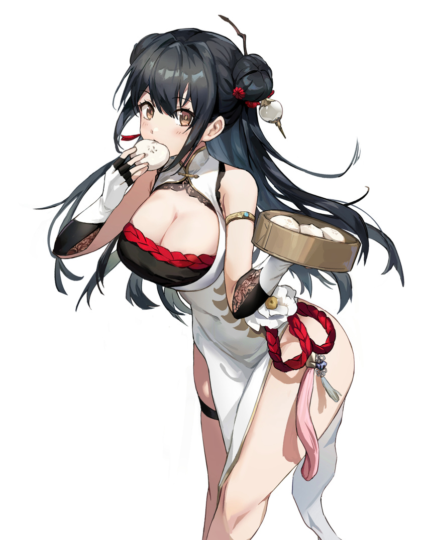 1girl alchemy_stars armlet baozi black_hair breasts brown_eyes china_dress chinese_clothes cleavage double_bun dress eating feet_out_of_frame fingerless_gloves food gloves hair_bun highres holding holding_food kuza_brs large_breasts leaning_forward long_hair looking_at_viewer pelvic_curtain sleeveless sleeveless_dress solo standing thigh_strap thighs very_long_hair white_dress yao_(alchemy_stars)