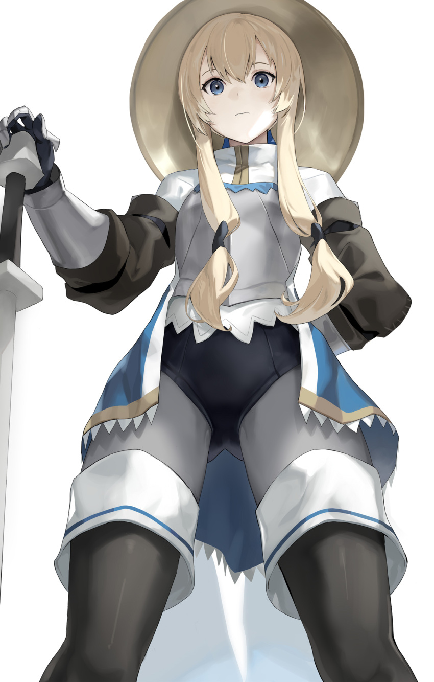 1girl arm_behind_back armor blonde_hair blue_eyes breastplate commentary_request from_below gauntlets golden_crown_guardian_(km_yama) hand_on_hilt helmet highres km_yama looking_at_viewer original shorts solo thighhighs wavy_mouth white_background