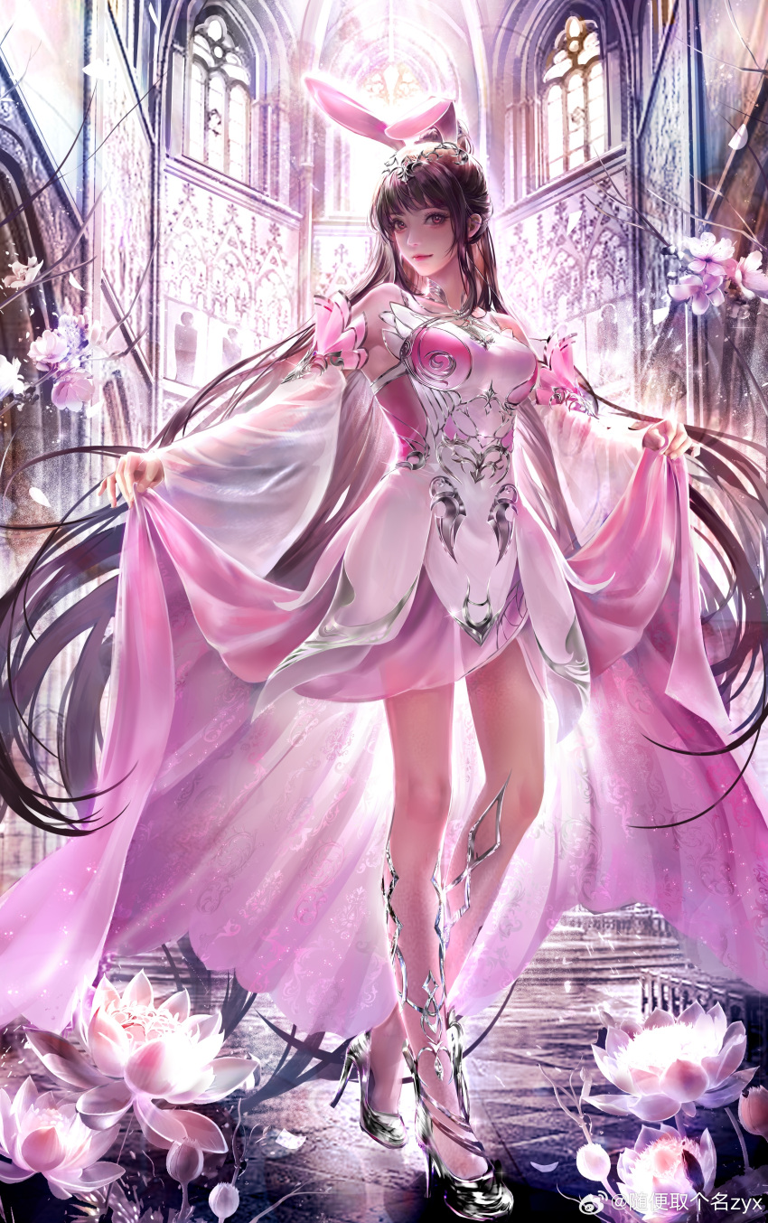 1girl absurdres animal_ears artist_request bare_legs brown_hair cathedral closed_mouth detached_sleeves douluo_dalu flower full_body hair_ornament high_heels highres holding holding_clothes holding_skirt long_hair lotus pink_eyes pink_flower rabbit_ears second-party_source skirt smile solo window xiao_wu_(douluo_dalu)