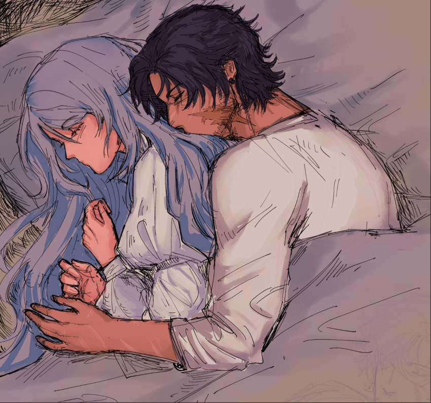 1boy 1girl beard black_hair clive_rosfield closed_eyes couple cuddling dress facial_hair final_fantasy final_fantasy_xvi grey_hair highres hug jill_warrick long_hair scar shirt short_hair slackertherubycat sleeping very_long_hair white_dress white_shirt