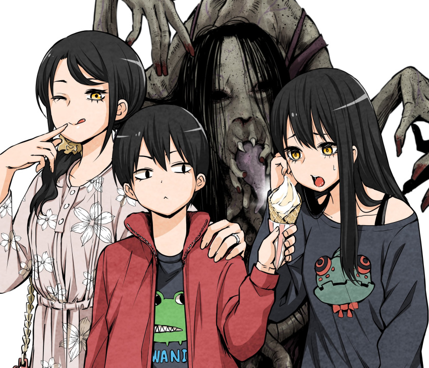 1boy 2girls :&lt; ;p black_eyes black_hair brother_and_sister collarbone dress family floral_print grey_dress grey_shirt hair_ornament hair_over_shoulder hair_scrunchie highres holding_ice_cream_cone ice_cream_cone izumi_(toubun_kata) jacket jewelry long_hair mieruko-chan monster mother_and_daughter mother_and_son multiple_girls official_art one_eye_closed open_mouth red_jacket ring scrunchie shirt short_hair siblings simple_background tongue tongue_out upper_body white_background yellow_eyes yellow_scrunchie