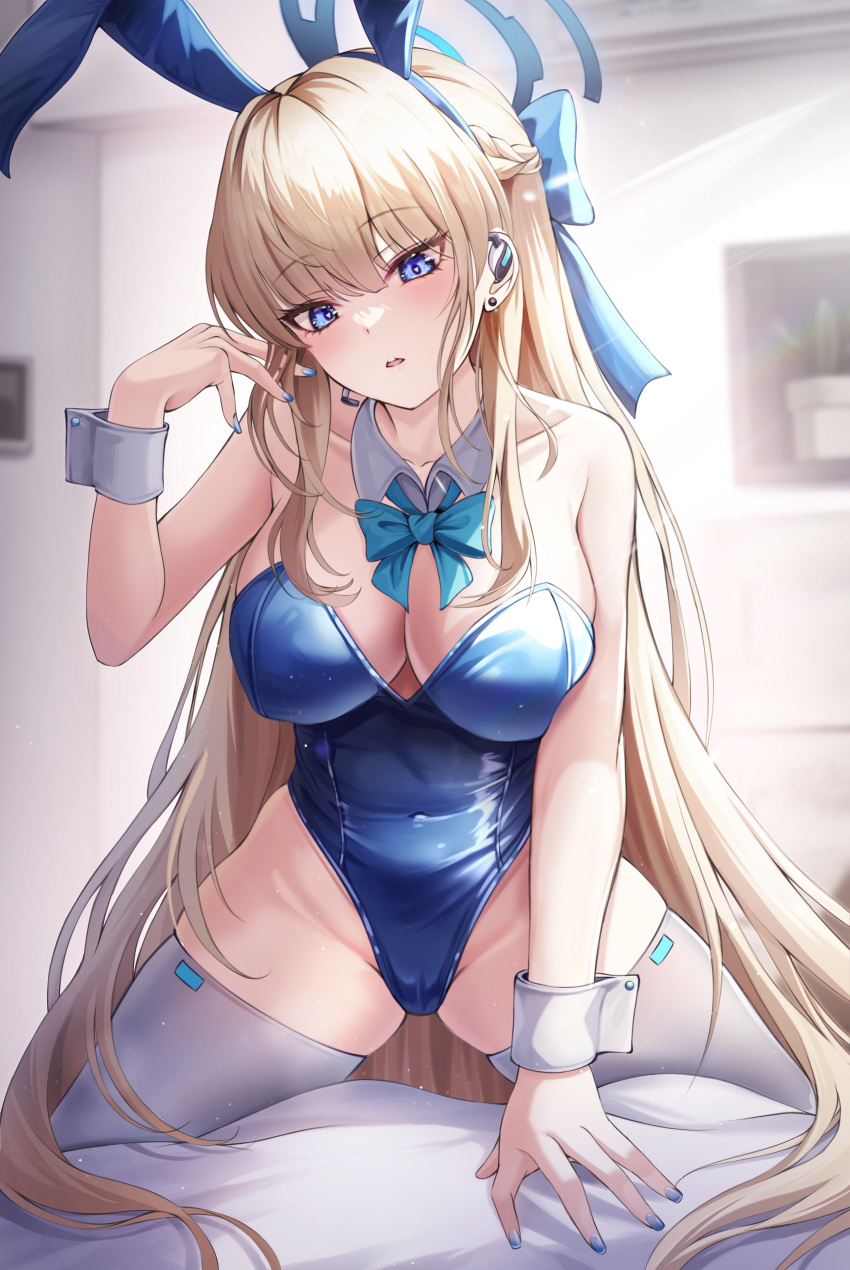 1girl absurdres animal_ears bare_arms bare_shoulders blonde_hair blue_archive blue_eyes blue_hairband blue_leotard blue_nails bnari bow bowtie braid breasts cameltoe cleavage covered_navel detached_collar earpiece fake_animal_ears hair_bow hairband halo hand_up highleg highleg_leotard highres large_breasts leotard long_hair looking_at_viewer nail_polish open_mouth rabbit_ears skindentation solo spread_legs strapless strapless_leotard thighhighs thighs toki_(blue_archive) toki_(bunny)_(blue_archive) very_long_hair white_thighhighs wrist_cuffs